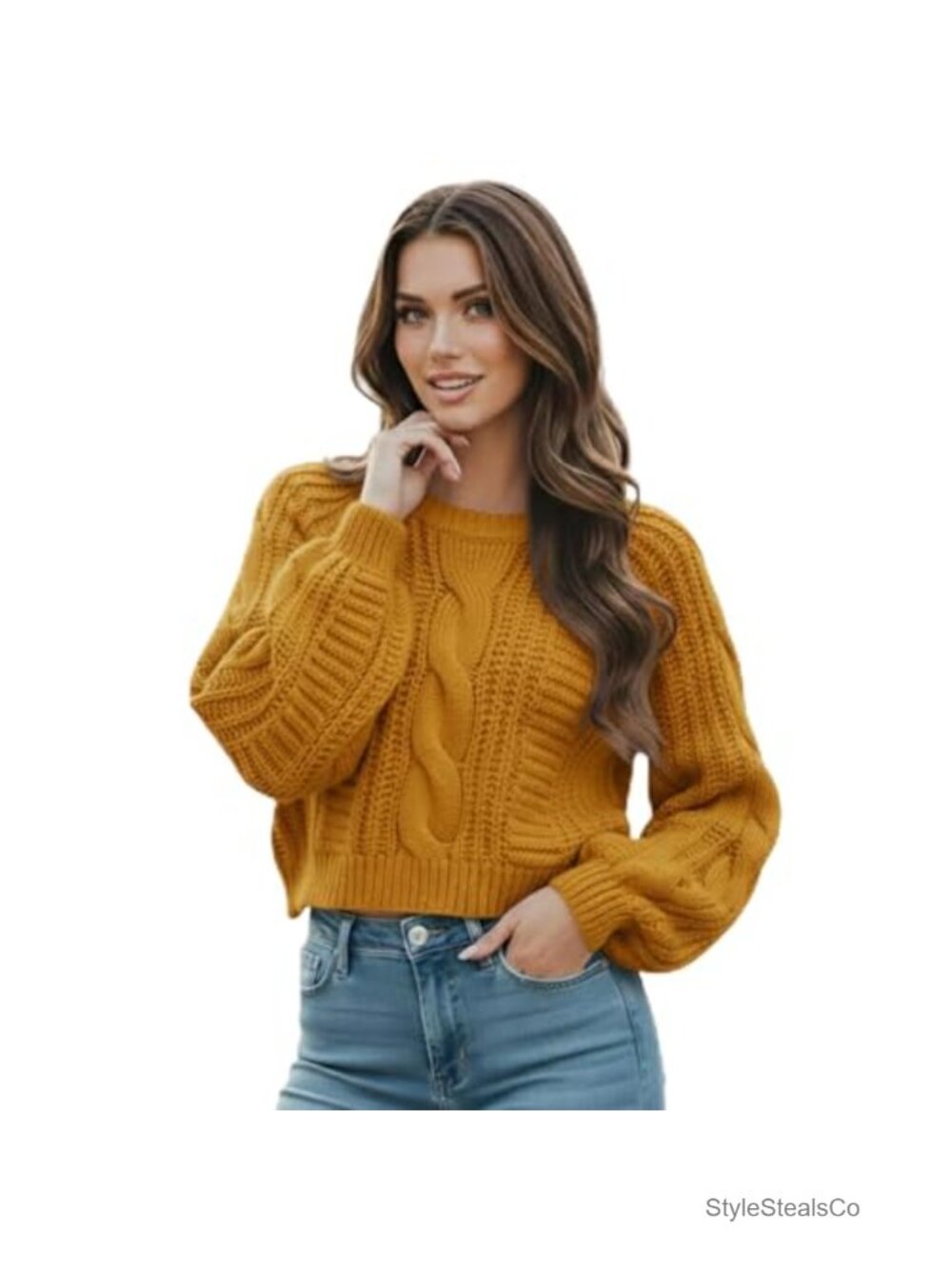 Cropped Cable Knit Sweater Acrylic Long Sleeve Pullover for Fall Winter